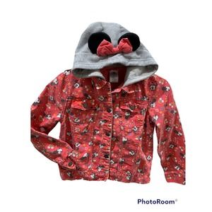 Disney Store Minnie Mouse Girls Hooded Red Denim Jean Jacket Coat Size 9/10
